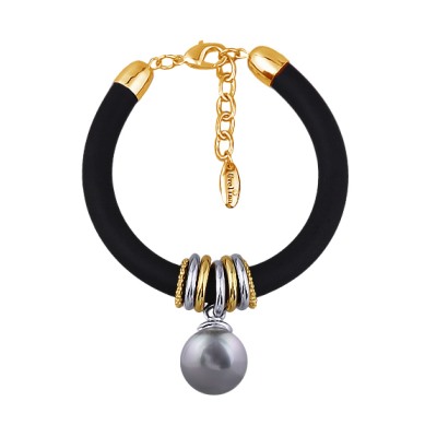 Браслет Гевея (Майорка 16мм серо-голубая, каучук черный; покрытие золото) 19-22см, Есть комплект