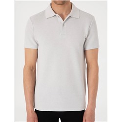 Gri Slim Fit Örme Dokulu Polo Yaka Tişört