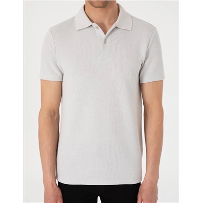 Gri Slim Fit Örme Dokulu Polo Yaka Tişört