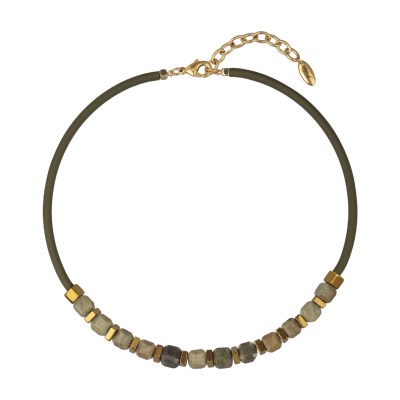 Колье Терра (яшма, каучук оливковый; покрытие золото) 40-45см, Есть комплект