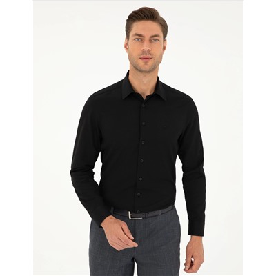 Siyah Armürlü Slim Fit Uzun Kollu Gömlek