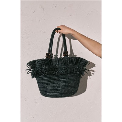Bolso mediano rafia flecos negro