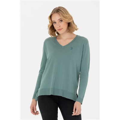 Kadın Mint V - Yaka Basic Kazak