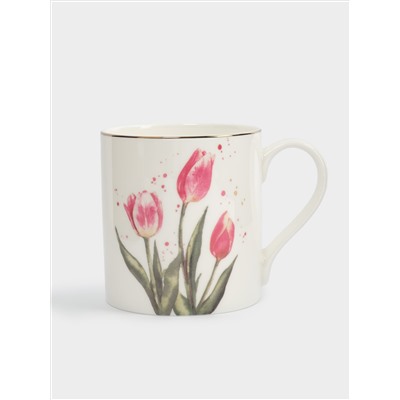 Кружка, 380 мл, фарфор F, белая, с золотистым кантом, Тюльпаны, Giardino