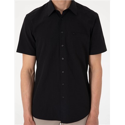 Siyah Basic Regular Fit Kısa Kollu Cepli Gömlek