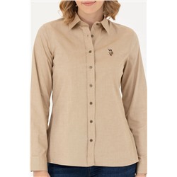 Kadın Açık Haki Uzun Kollu Basic Gömlek