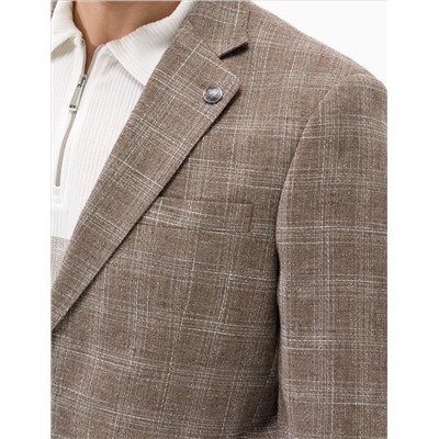Açık Kahverengi Slim Fit Yün Keten Karışımlı Ekose Ceket