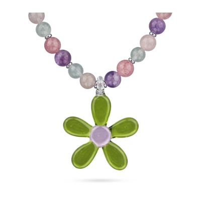 Колье Букет (кварц 8мм микс, муранское стекло микс; покрытие родий) 42-48см, Есть комплект