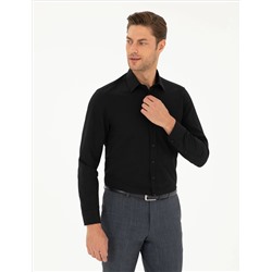 Siyah Slim Fit Armürlü Uzun Kollu Gömlek
