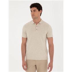 Bej Slim Fit Düğmeli Polo Yaka Keten Karışımlı Triko Tişört