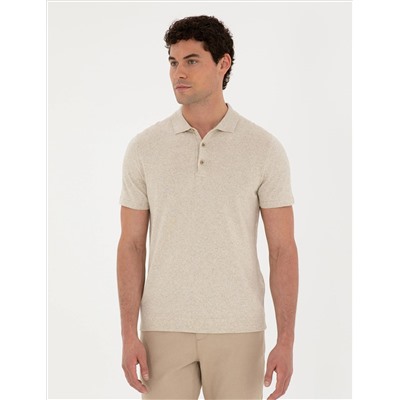 Bej Slim Fit Düğmeli Polo Yaka Keten Karışımlı Triko Tişört