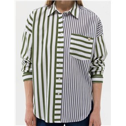 Yeşil Çizgili Oversize Uzun Kollu Gömlek