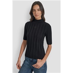 ELBOW SLEEVE WIDE RIB MOCK NECK WITH LOGO PATCH