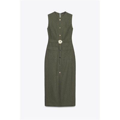 LINEN BLEND MIDI DRESS WITH BELT
