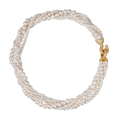 Колье Течение (Майорка белая 4-6мм, цирконы; покрытие золото) 50см, Есть комплект