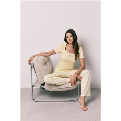 Pijama largo algodón manga corta amarillo