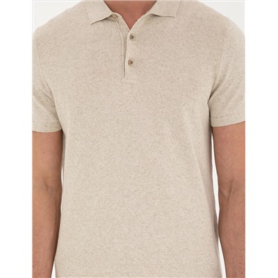 Bej Slim Fit Düğmeli Polo Yaka Keten Karışımlı Triko Tişört
