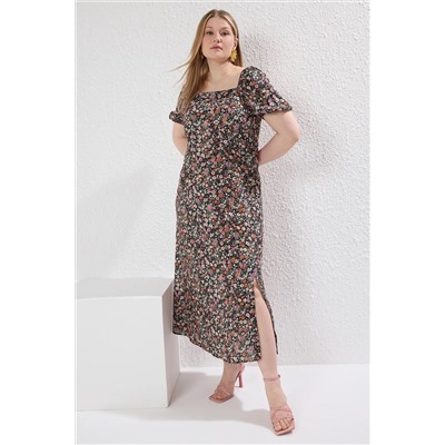 Trendyol Curve Çok Renkli Balon Kol Kare Yaka Yırtmaçlı Midi Dokuma Büyük Beden Elbise TBBSS25AH00098