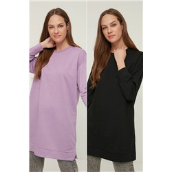 TRENDYOL MODEST Siyah-Lila 2'li Paket Bisiklet Yaka Basic Örme Sweatshirt TCTAW22TW0152