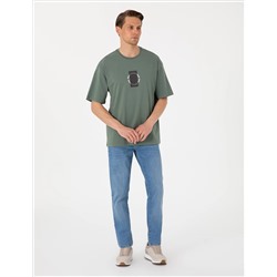 Haki Comfort Fit Bisiklet Yaka Tişört