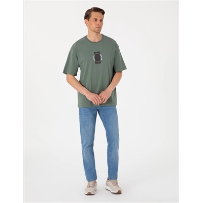 Haki Comfort Fit Bisiklet Yaka Tişört