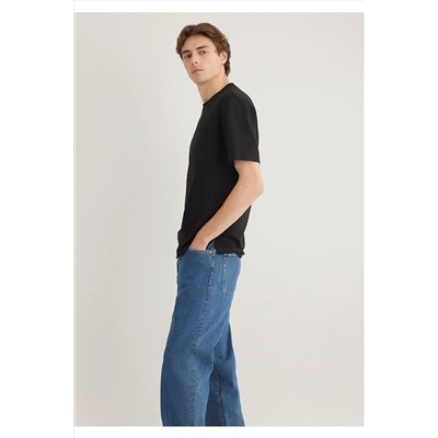 Mavi Cep Detaylı Siyah Tişört Loose Fit / Bol Rahat Kesim 066248-900