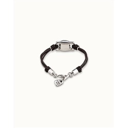 Pulsera de cuero marrón con abalorio bañado en plata rectangular