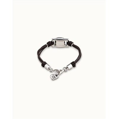 Pulsera de cuero marrón con abalorio bañado en plata rectangular