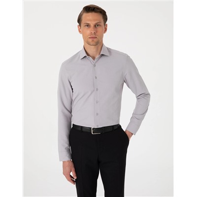 Gri Slim Fit Uzun Kollu Armürlü Gömlek