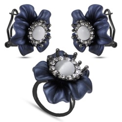 Комплект: кольцо и серьги (улексит, эмаль синяя, кристаллы; черный родий)