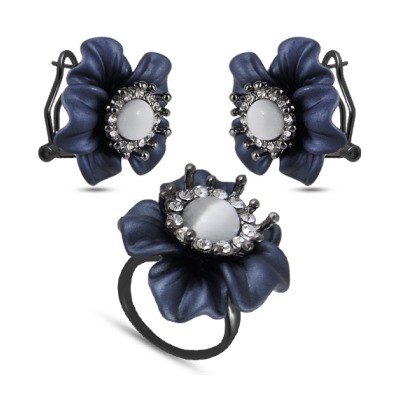 Комплект: кольцо и серьги (улексит, эмаль синяя, кристаллы; черный родий)