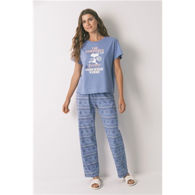 Pijama largo manga corta Snoopy algodón azul