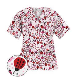 UA Lady Bug Oasis White V-Neck Print Scrub Top