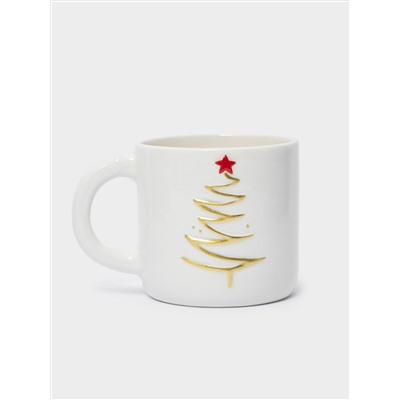 Кружка, 340 мл, керамика D, молочно-золотистая, Ель со звездой, New year
