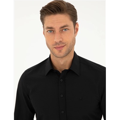 Siyah Slim Fit Armürlü Uzun Kollu Gömlek