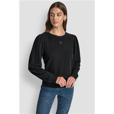 LACE DETAIL PUFF SLEEVE SWEATSHIRT