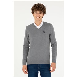 Erkek Slim Fit V Yaka Gri Melanj Basic Kazak