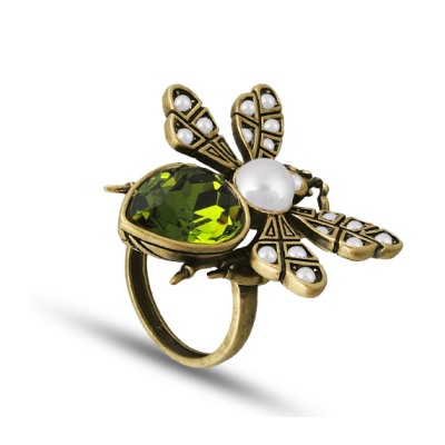 Кольцо Мотылек (кристаллы SW зеленые, Майорка; покрытие бронза), Есть комплект