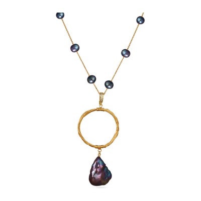 Колье Барокко (жемчуг бензиновый 5-11мм; покрытие золото) 80см, Есть комплект