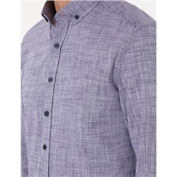 Lacivert Keten Görünümlü Slim Fit Uzun Kollu Gömlek