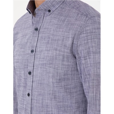 Lacivert Keten Görünümlü Slim Fit Uzun Kollu Gömlek