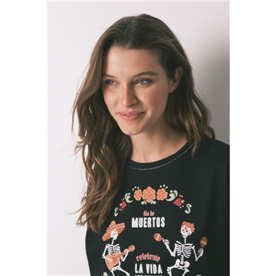 Pijama largo 100% algodón "Día de muertos" negro