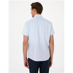 Açık Mavi Keten Karışımlı Regular Fit Kısa Kollu Gömlek