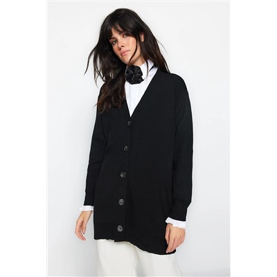 TRENDYOL MODEST Siyah Kolu Kumaş Pilise Detaylı Triko Hırka TCTAW24TH00047