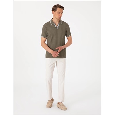 Haki Slim Fit Örme Dokulu Polo Yaka Tişört