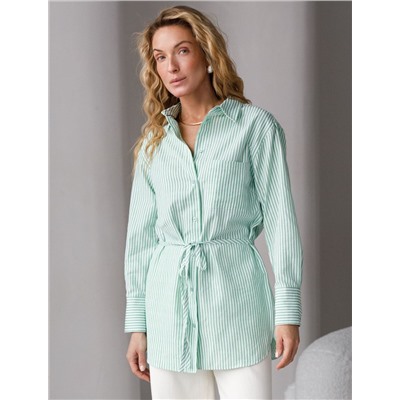 Удлиненная блузка с поясом в тонкую полоску из хлопка