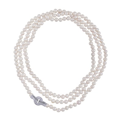 Колье (жемчуг белый 7-8мм, фианит; покрытие родий) 140см, Есть комплект