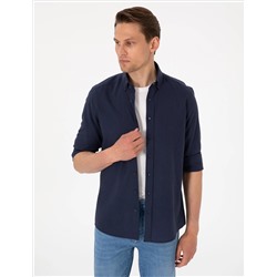 Koyu Lacivert Keten Görünümlü Slim Fit Uzun Kollu Gömlek