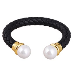 Браслет Дуэт (Майорка 14мм белая, кожа черная; покрытие золото), Есть комплект