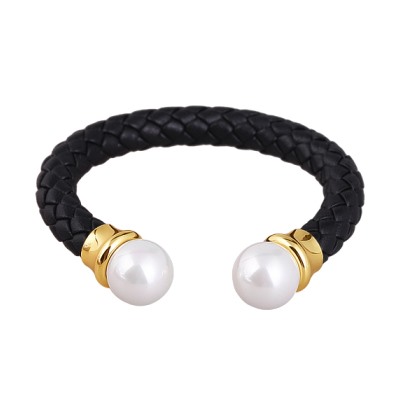 Браслет Дуэт (Майорка 14мм белая, кожа черная; покрытие золото), Есть комплект